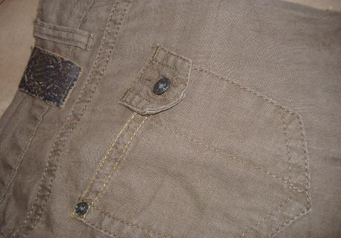 Bruine linnen broek met goudkleurige stikking W36 L34