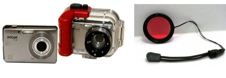 Onderwatercamera + onderwaterhuis + roodfilter Intova IC12 