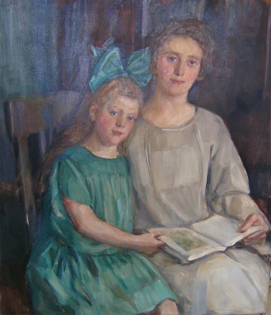 GROOT SCHILDERIJ: MOEDER EN DOCHTER BIJ HET LEZEN 1925