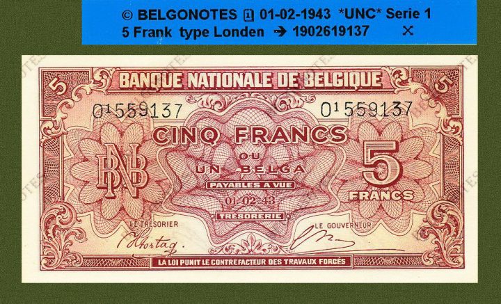 5 Francs Type Londenl* 01-02-1943**UNC**Lot 1902619137