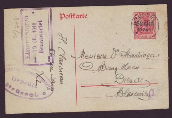 Briefkaart WO I België gelopen 