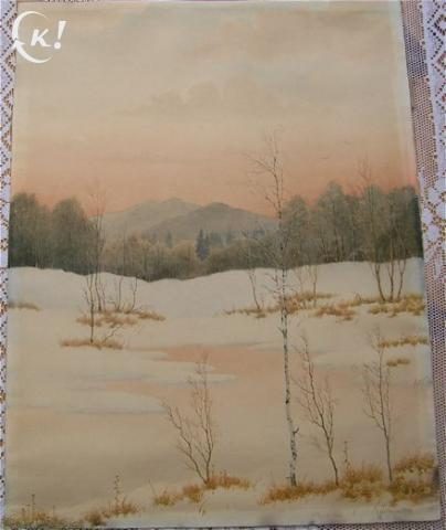 GROTE AQUAREL WINTERLANDSCHAP GEKADERD
