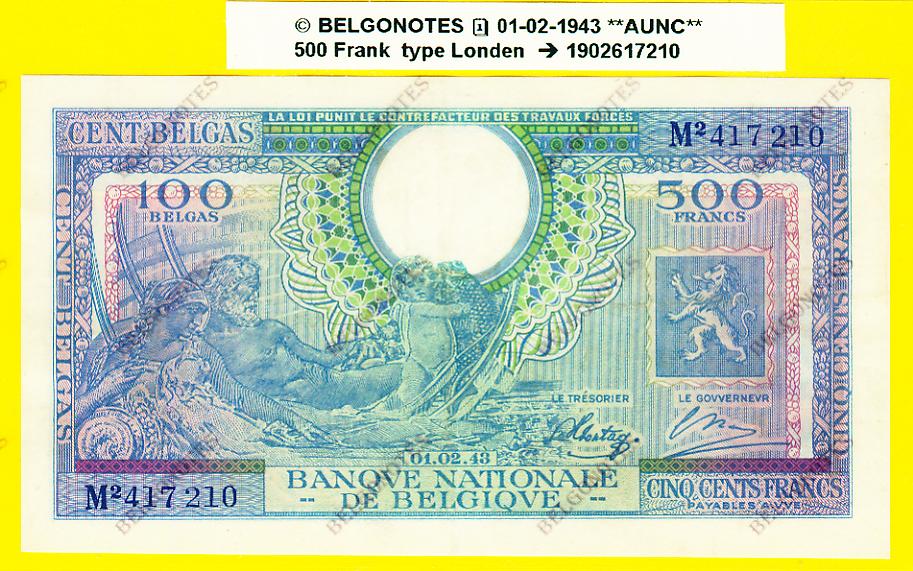 500 Francs Type Londen 01-02-1943**AUNC** Lot 1902617210