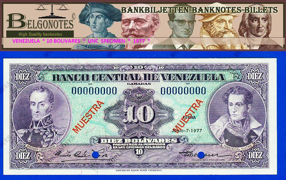 **UNC** Venezuela 1977* 10 Bolivares ***SPECIMEN ***