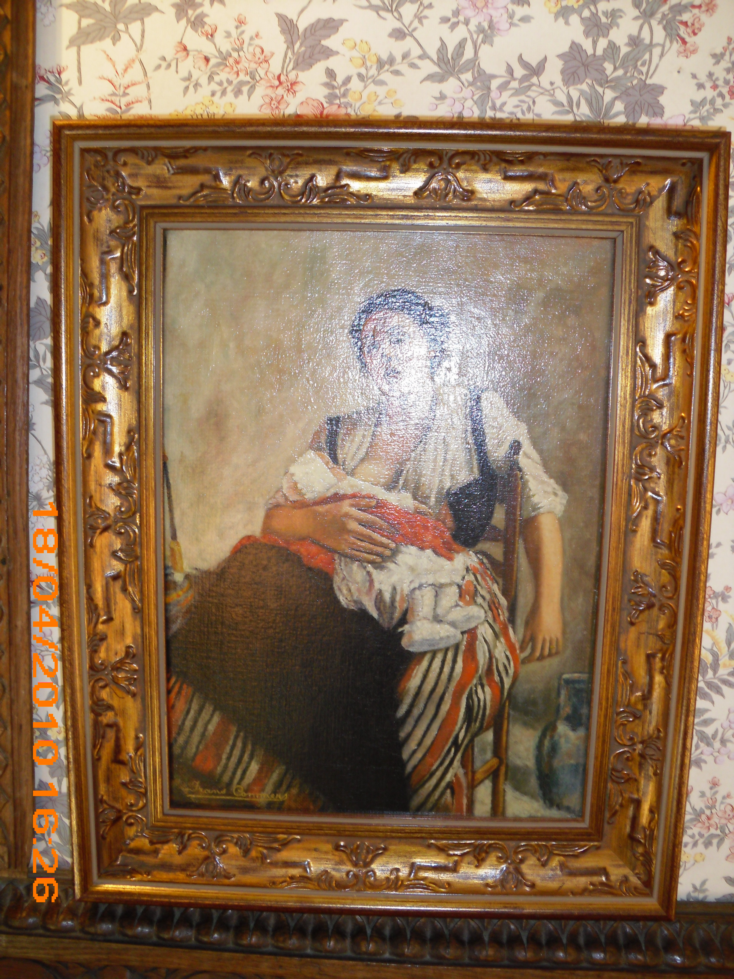Oud schilderij vrouw met kind aan borst