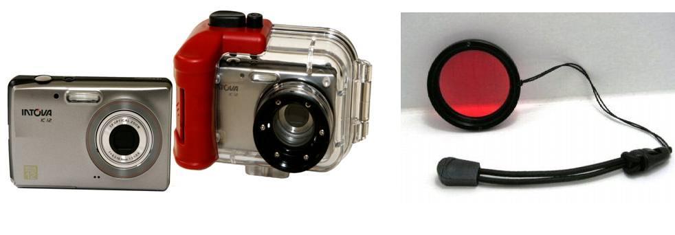 Onderwatercamera + onderwaterhuis + roodfilter Intova IC12 