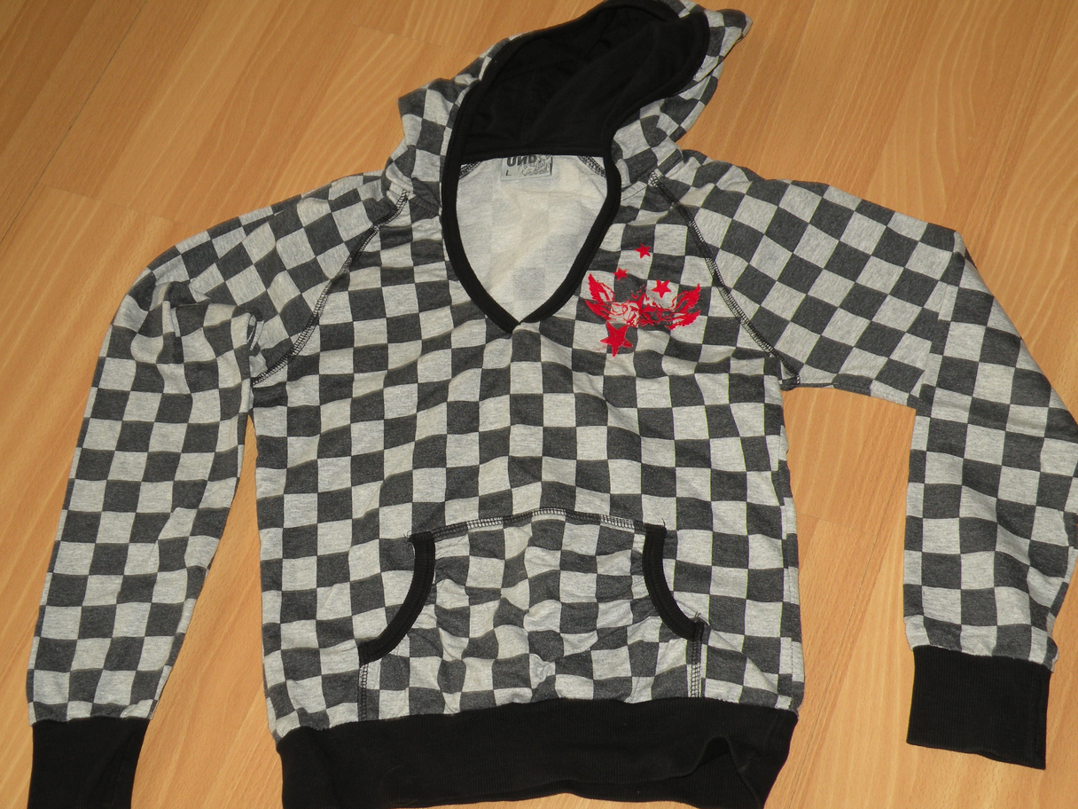 Sweatshirt met kap grijs en witte blokjes L  