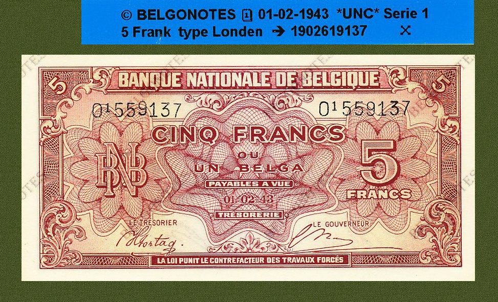 5 Francs Type Londenl* 01-02-1943**UNC**Lot 1902619137