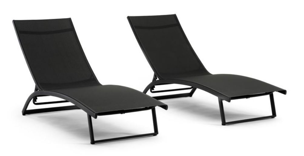 NIEUWE set van 2 verstelbare Calvia ligbedden in zwart aluminium met zwarte textilene.