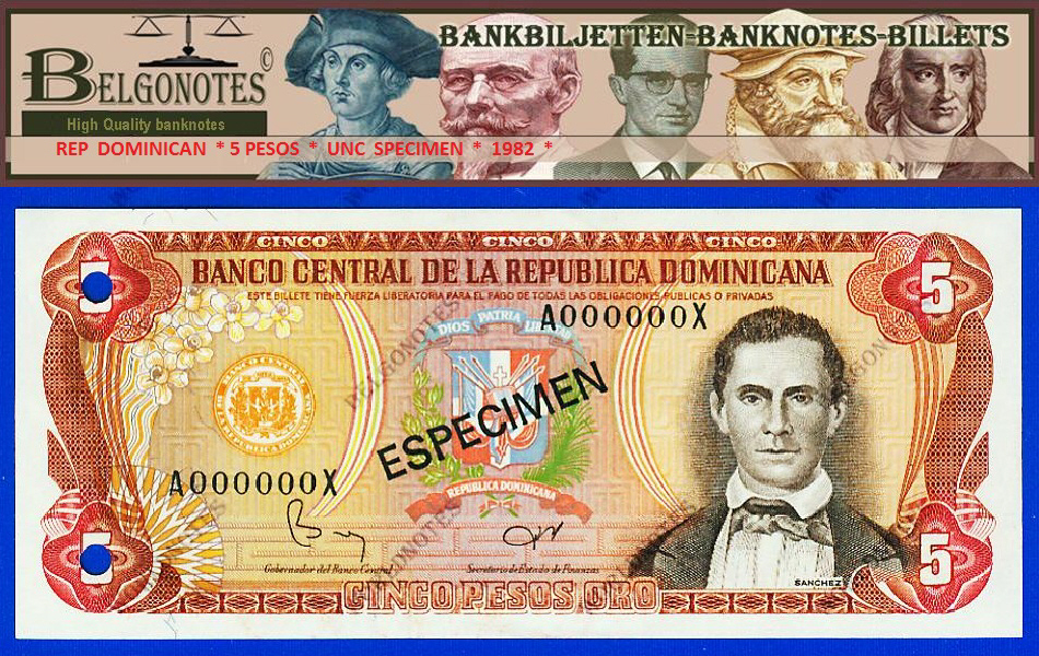**UNC** Dominicana 1982* 5 Pesos ***SPECIMEN ***