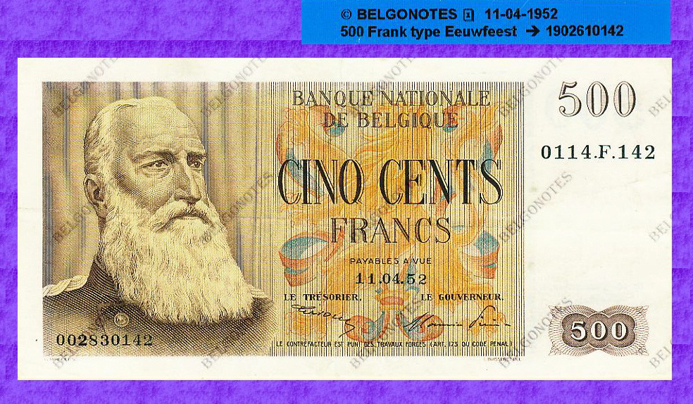 GERESERVEERD !!!!!!!!  500 Francs Type eeuwfeest 11-04-1952*Lot 1902610142