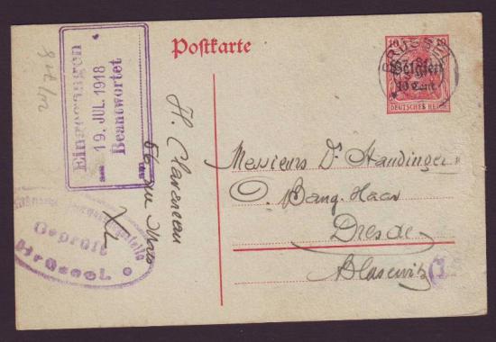 Briefkaart WO I België gelopen 