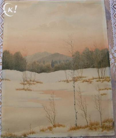 GROTE AQUAREL WINTERLANDSCHAP GEKADERD