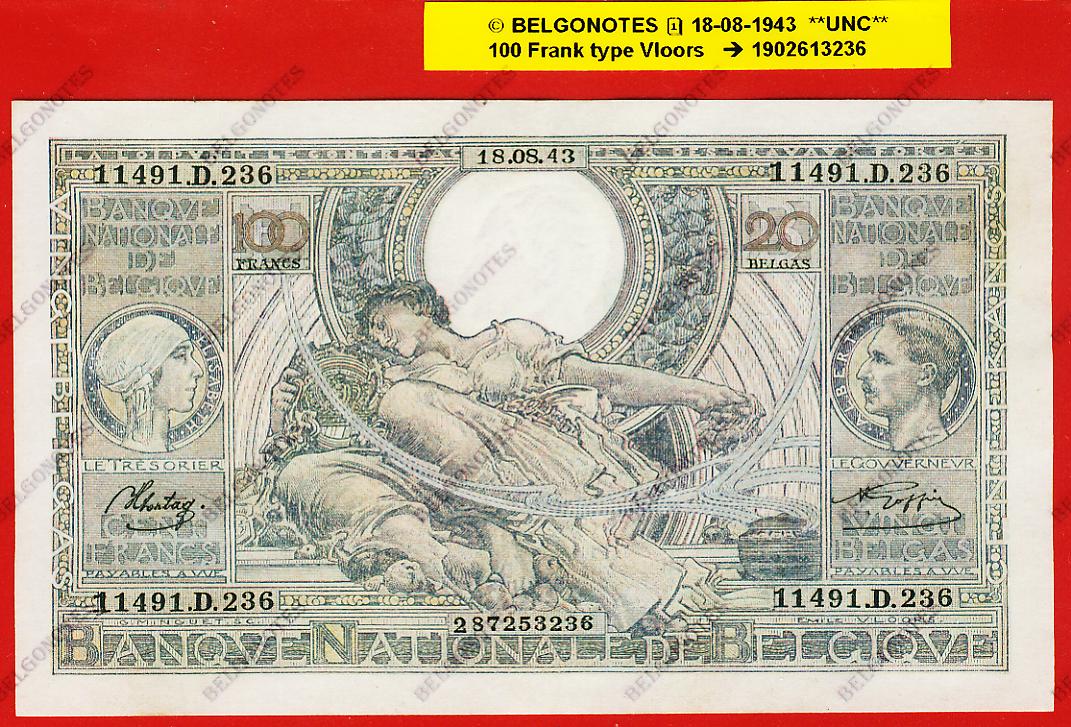 100 Francs Type VLOORS **UNC** 1943 * Lot 1902613236