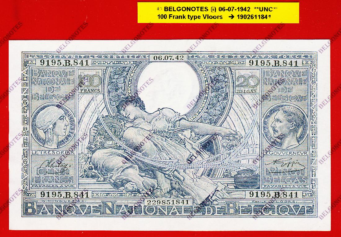 100 Francs Type VLOORS **UNC** 1942 * Lot 1902611841
